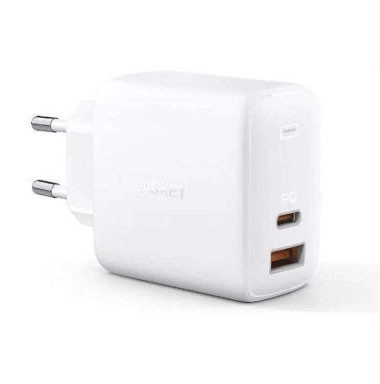 Biela sieťová nabíjačka Aukey Omnia GaN 2xUSB Power Delivery (1xUSB A+1xUSB C) 65W 5.4A