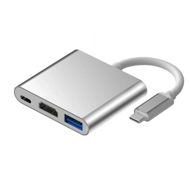 Hliníkový adaptér HUB 3v1 USB-C na HDMI 4K, USB 3.1, USB-C - strieborný