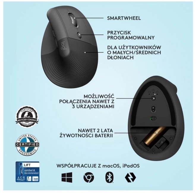 Ergonomická vertikálna myš Logitech Lift pre pravákov