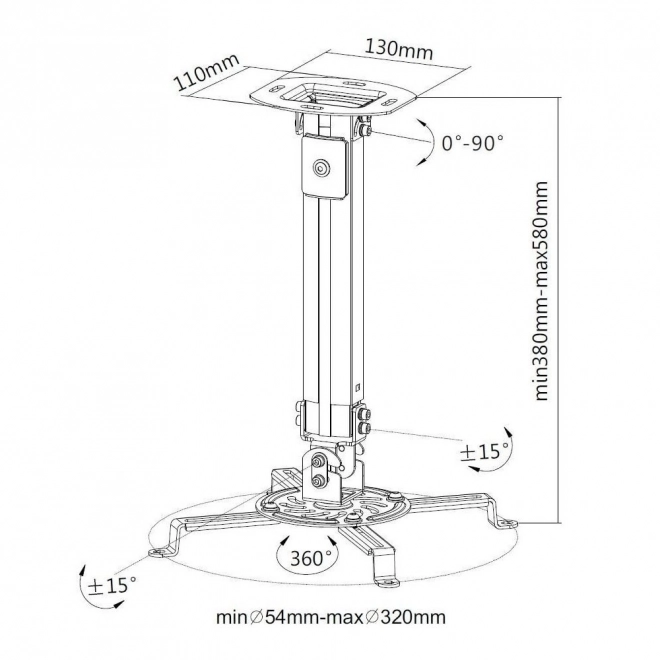 Stropné rameno na projektor 38-58cm, 13,5kg, strieborné