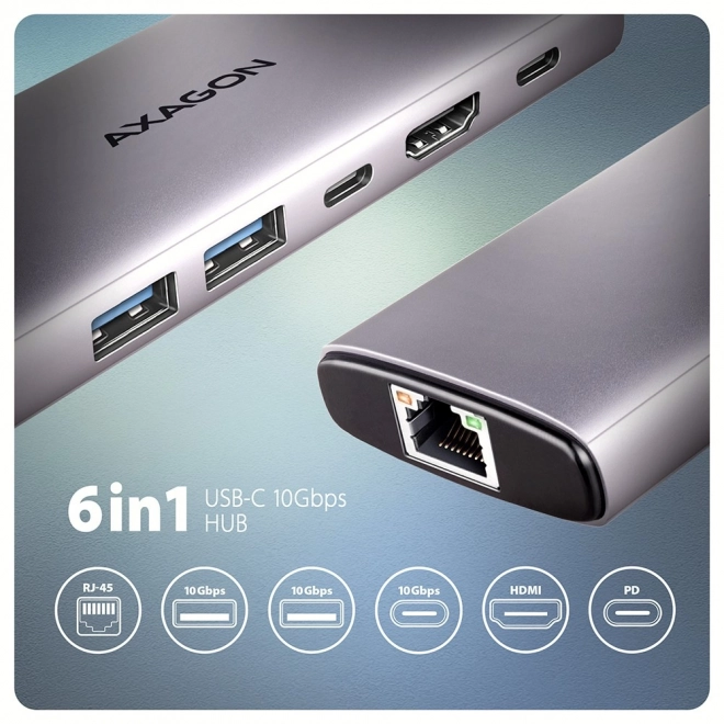 Viacportový USB hub 6v1 AXAGON s 10Gbps