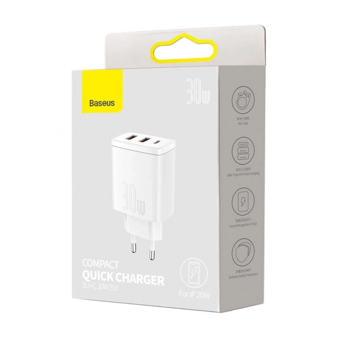 Baseus Rýchla Kompaktná Nabíjačka, 2xUSB, USB-C, PD, 3A, 30W