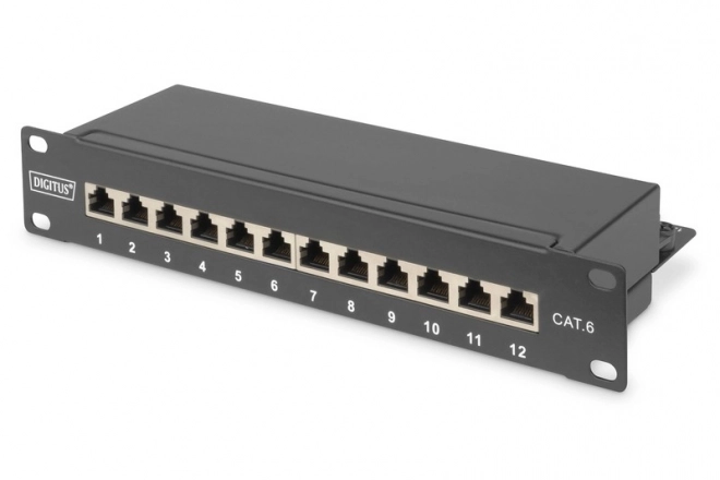 Patch panel 10" 12 portov CAT6 S/FTP 1U so správcom káblov – čierny