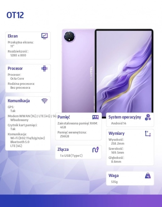 Tablet 11" 4G 4/256GB Fialový