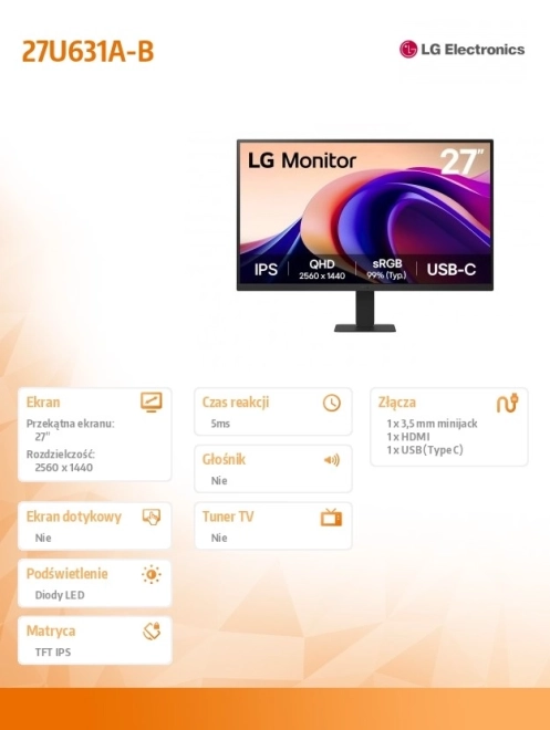 Monitor LG 27'' QHD 100Hz IPS HDR10