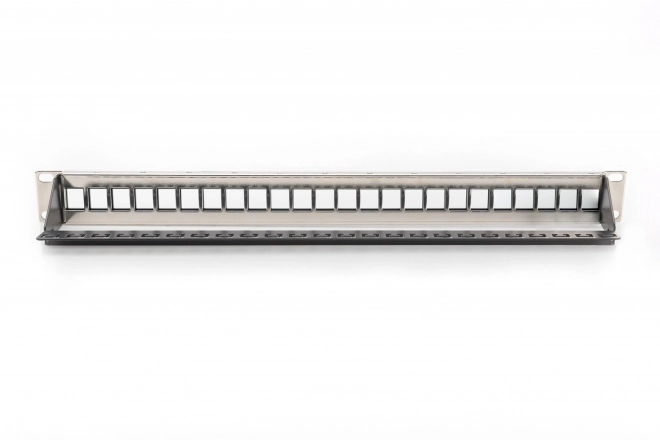 Modulárny patch panel 19" 24 portov na keystone moduly, 1U, tienený s káblovým vedením, vymeniteľné popisné polia Čierny