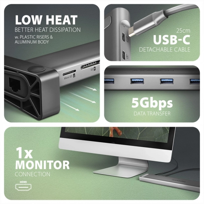 Viacportový USB-C hub AXAGON 5Gbps 9v1