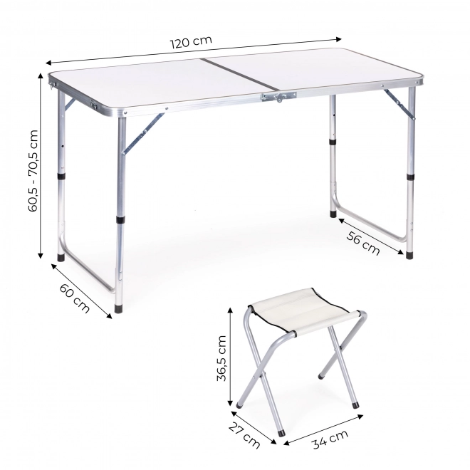 Kempingový set - skladací stôl a 4 biele stoličky