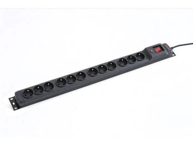 Listva proti prepätiu M12/16A Rack 19'' 2,5m čierna (12 zásuviek) na vertikálnu montáž