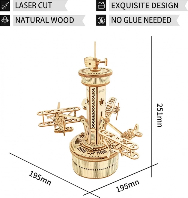 3D drevené puzzle riadiaca veža letovej prevádzky hudobná skrinka