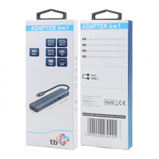 HUB USB-C adaptér 6v1 - HDMI, 3x USB, PD, RJ-45