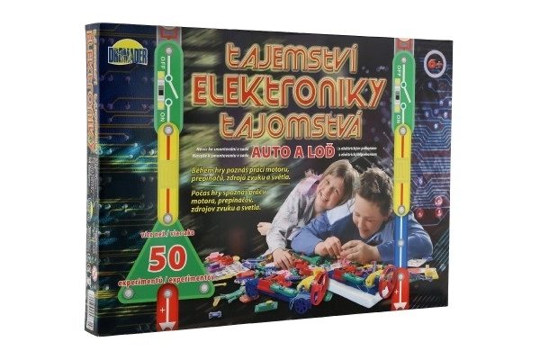 Tajomstvá elektroniky - auto, čln 50 experimentov na batérie v krabici 46,5x33,5x4 cm od 6 rokov