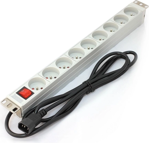 PDU lišta do 19" racku, 9× zásuvka Typ E, 2 m kábel C14, 10 A, vypínač, hliníková
