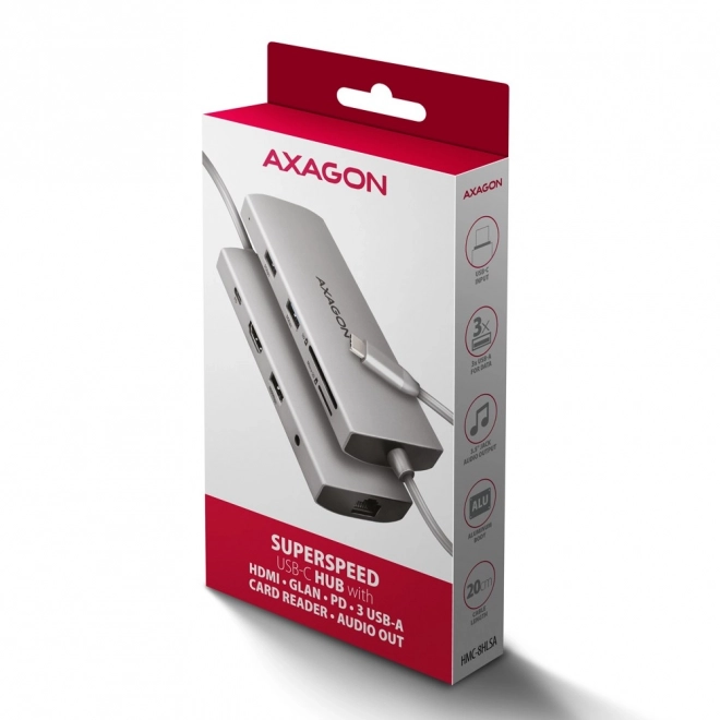 Viacportový USB-C hub Axagon 9v1 s HDMI 4K a nabíjaním 100W