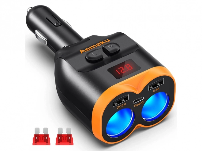 Rýchlo nabíjajúci rozdvojka do auta s dvomi USB-A a jedným USB-C portom