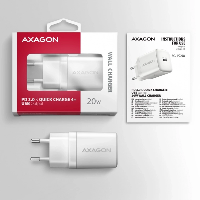 Sieťová nabíjačka AXAGON 20W USB-C PD3.0/QC3.0