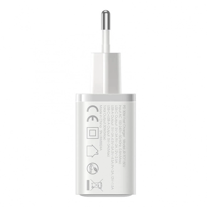 Joyroom dvojitá nabíjačka s USB-C a USB-A, 30W, biela