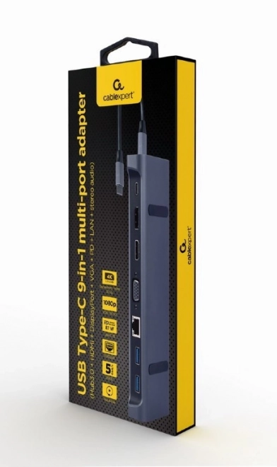 Adaptér USB-C 9v1 s HDMI, USB-C PD, VGA, DP, USBx3, Audio a LAN