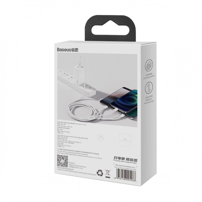 Kabel USB 3v1 Baseus Superior serija USB na micro USB / USB-C / Lightning 3,5 A 1,2 m Biela