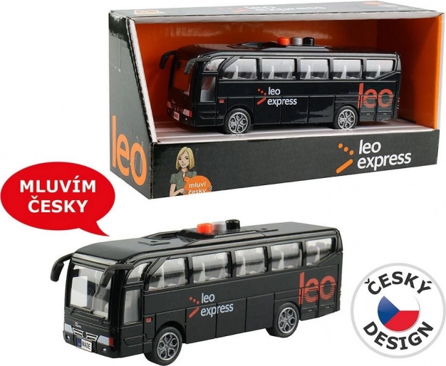 Autobus LEO EXPRESS so svetlami a hlásením vodiča a posádky
