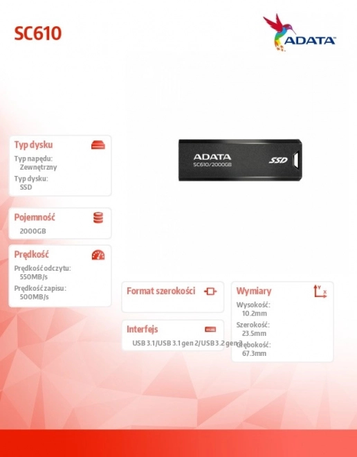 Externý SSD disk ADATA SC610 2000 GB USB 3.2 Gen2 čierny