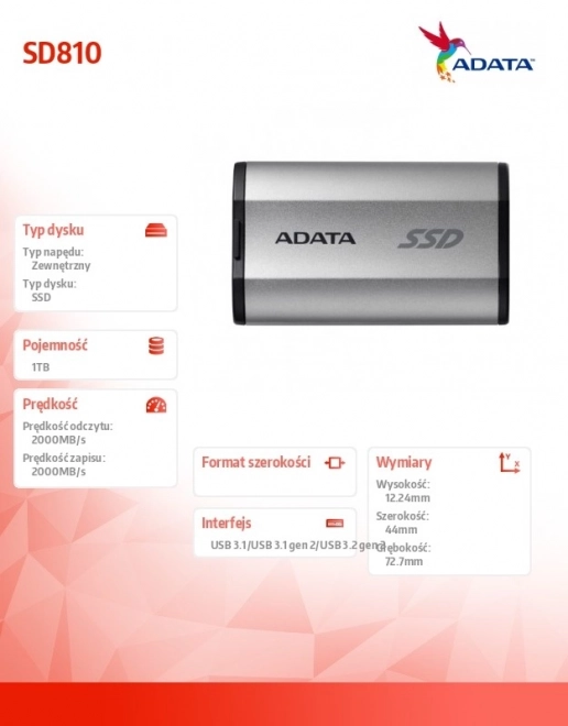 Externý SSD disk ADATA SD810 1TB USB 3.2C 20Gb/s strieborný