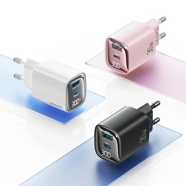 Nabíjačka do siete 30W GaN s LED USB+USB-C Biela