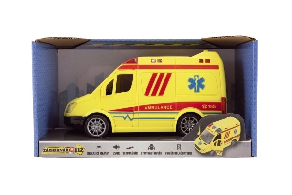 Ambulancia auto plast 20cm na zotrvačník na batérie so zvukom so svetlom v krabici 26x15x12cm