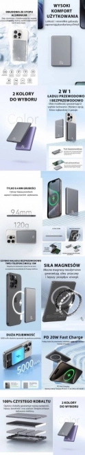 Indukčná power banka 5000mAh MagSafe rýchle nabíjanie PD 20W šedá