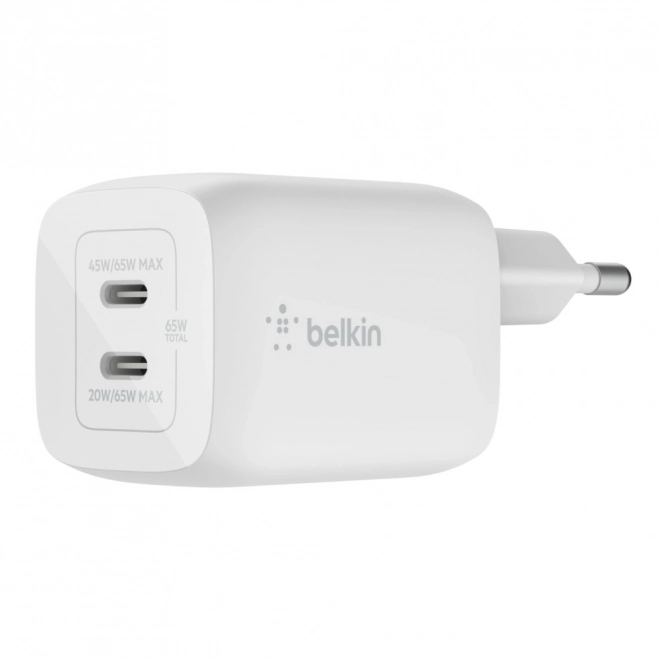 Dvojitá nástenná nabíjačka USB-C GaN 65 W biela