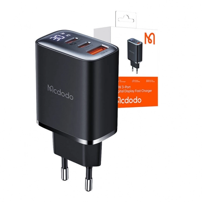 Mcdodo nabíjačka s displejom 2xUSB-C + USB-A, 30W čierna