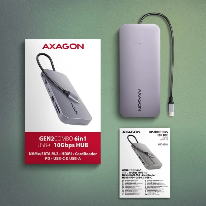 Wieloportový hub 6v1 AXAGON s HDMI, NVMe SSD, USB, SD čítačkou a napájaním