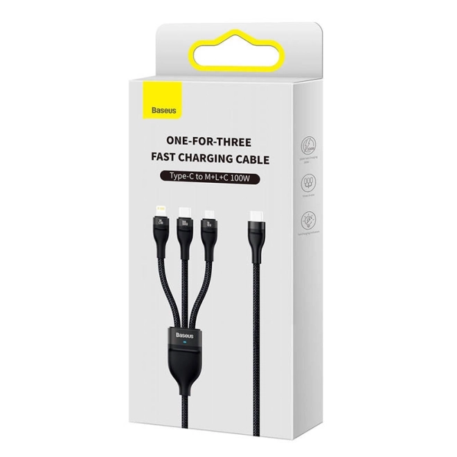 USB kábel 3v1 Baseus Flash Series 2, USB-C + Micro USB + Lightning, čierny