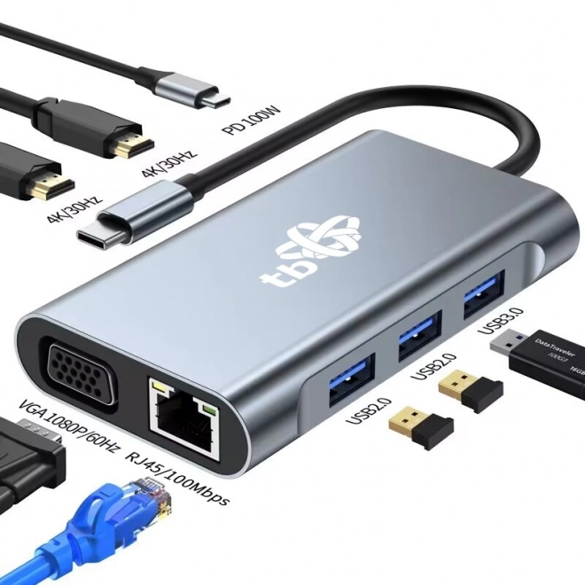 USB-C HUB adaptér 8v1 s HDMIx2, USB, VGA, RJ45 a napájaním