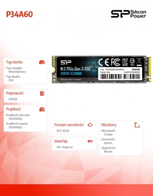 SSD disk Silicon Power P34A60 256GB M.2 PCIe NVMe