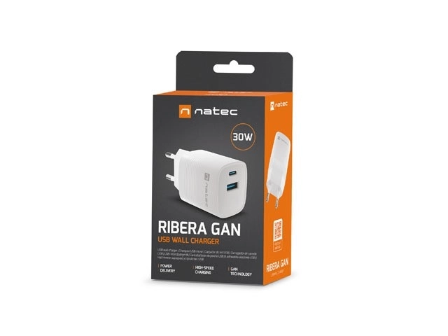 Natec Ribera GaN USB nabíjačka s 1x USB-A a 1x USB-C 30W biela