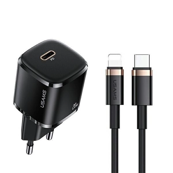 1xUSB-C T36 20W sieťová nabíjačka + rýchlonabíjací kábel Lightning PD3.0 – Čierna