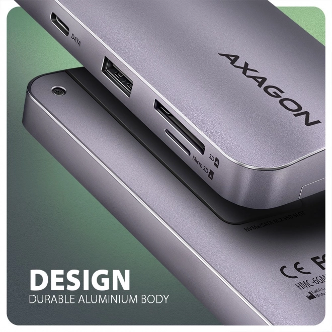 Wieloportový hub 6v1 AXAGON s HDMI, NVMe SSD, USB, SD čítačkou a napájaním