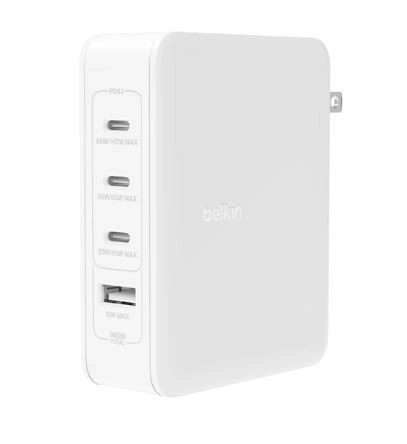 Nabíjačka na stenu 140W, 4-portová (3xC 1xA) s UK, EU, US adaptéry, biela