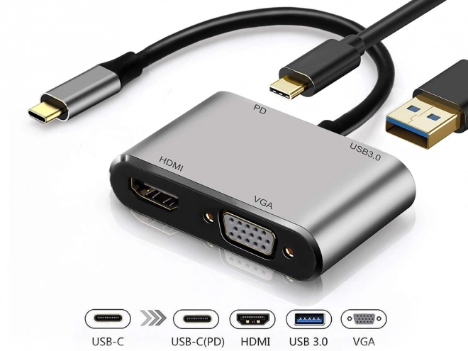 Adaptér USB-C HDMI 4K VGA Hub s Power Delivery