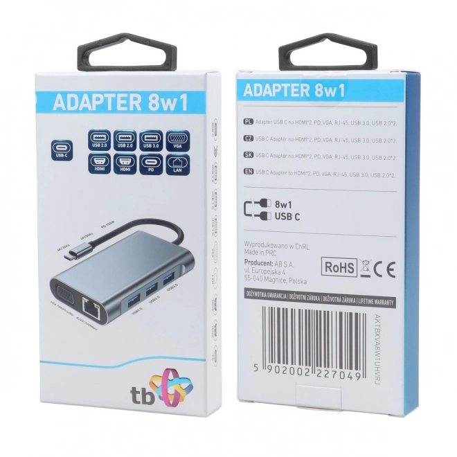 USB-C HUB adaptér 8v1 s HDMIx2, USB, VGA, RJ45 a napájaním