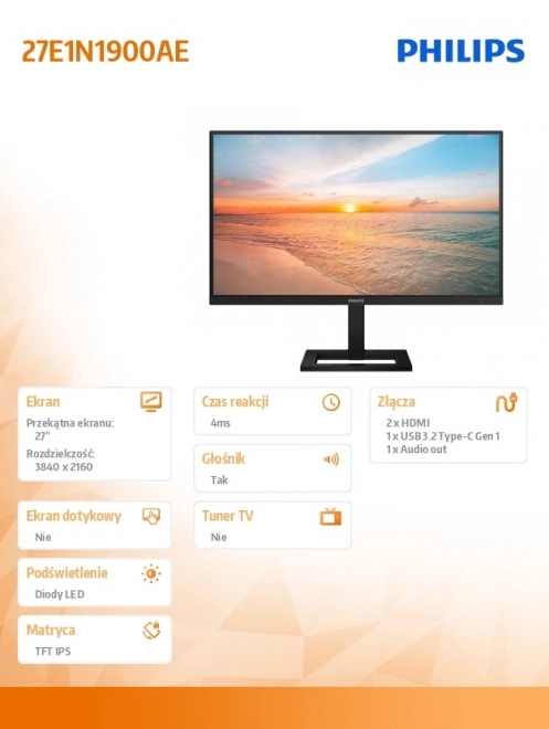 monitor Philips 27 palcov 4K IPS HDMI USB-C s reproduktormi