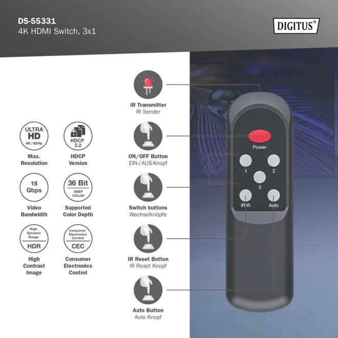 Priechodný HDMI prepínač 4K s diaľkovým ovládačom