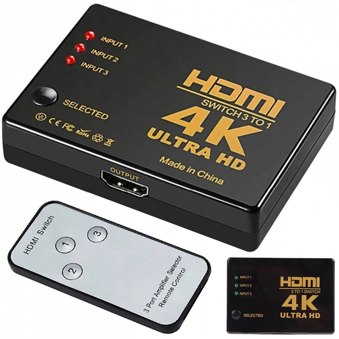 Prepínač 3x na 1 HDMI 4K UHD hub + IR diaľkové ovládanie