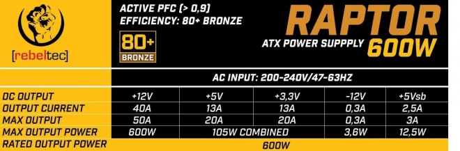 Napájací zdroj ATX Rebeltec Raptor 600W BRONZE 80+