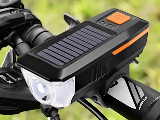 Predné LED svetlo na bicykel so solárnym nabíjaním a klaksónom