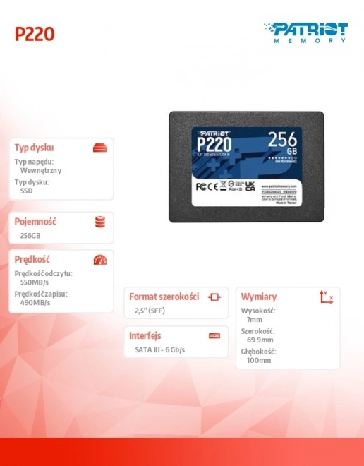 Vysokorýchlostný SSD disk 256GB Patriot P220