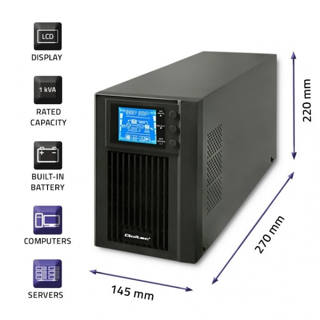 Záložný zdroj UPS na čisto sinusovú vlnu 1kVA 800W s LCD a USB