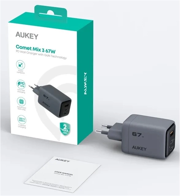 Aukey PA-C3 Comet Mix 3 GaN ultrarýchla sieťová nabíjačka 67 W 3x USB (2x USB-C a 1x USB-A)
