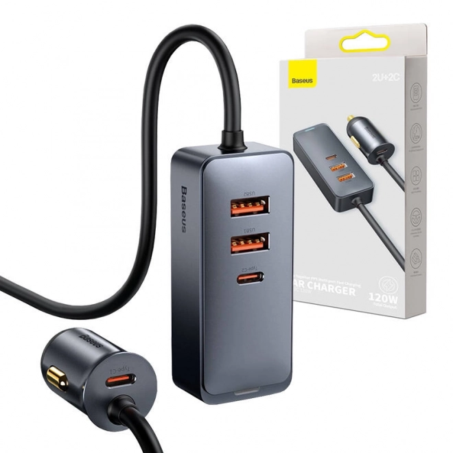 Nabíjačka do auta Baseus Share Together s predlžovacím káblom, 2x USB, 2x USB-C, 120 W (sivá)